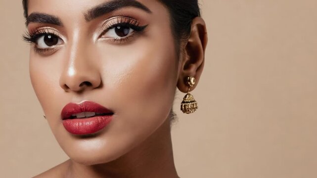 Stylish portrait of a young female with radiant complexion and bold makeup.