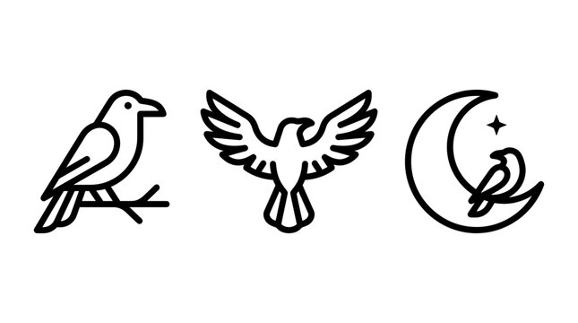 Set of halloween vector line icons featuring a perched crow flying raven a crescent moon with a bird crescent halloween collection astronomy luminary illustration monochrome minimalist