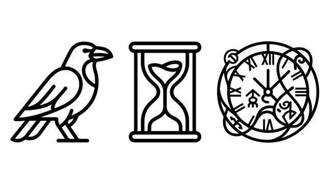 Black and white line art vector collection showing a crow an hourglass an ornate clock with roman numerals and mystical symbols hourglass numerals hourglasses collection illustration