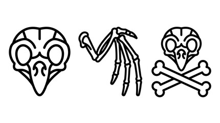 Fototapeta premium Anatomical skeleton elements black and white line art set depicting a bird skull skeletal wing bones a skull with crossed bones skeleton crossbones creature halloween monochrome minimalist