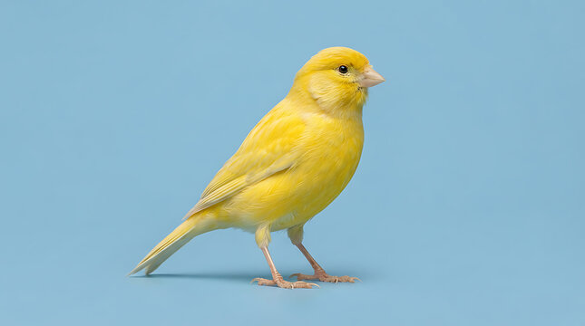 Vibrant yellow canary standing alert against solid light blue background for pet store branding avian biology research ornithology educational materials songbird species identification and hobby.
