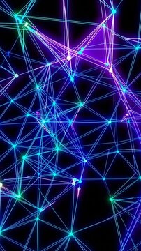 dynamic neural network with glowing nodes and interconnected lines pulsing across black background, colorful blue green purple palette representing data flow artificial intelligence and connectivity