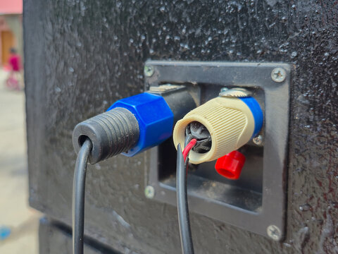 Speakon Cable Connector Plugged into Speaker Cabinet Audio System Terminal Panel Close Up