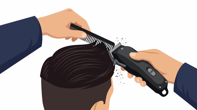 Close-up of Haircut with Clipper and Comb: A barber uses a clipper and comb to style a man's dark hair, creating a clean and precise haircut.