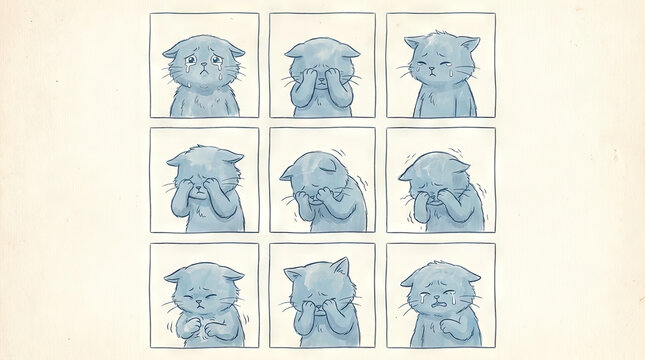 Hand drawn cat sketches showing various sad emotional expressions.