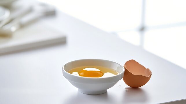Raw egg with intact yolk in a white bowl beside a cracked brown shell on a clean kitchen surface, suitable for food safety, recall and cooking content