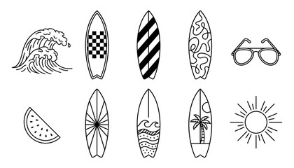 Fototapeta premium Summer Surfing Element Collection Featuring Diverse Patterned Surfboards Ocean Waves Sunglasses Watermelon and Sun Symbols for Tropical Beach Graphic Designs.