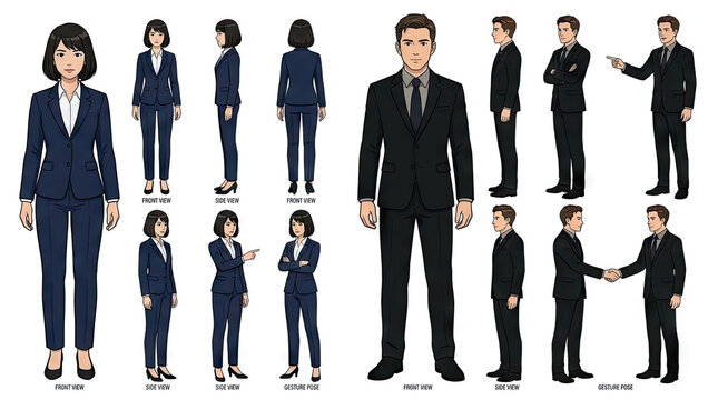 Professional business man and woman character design sheet.