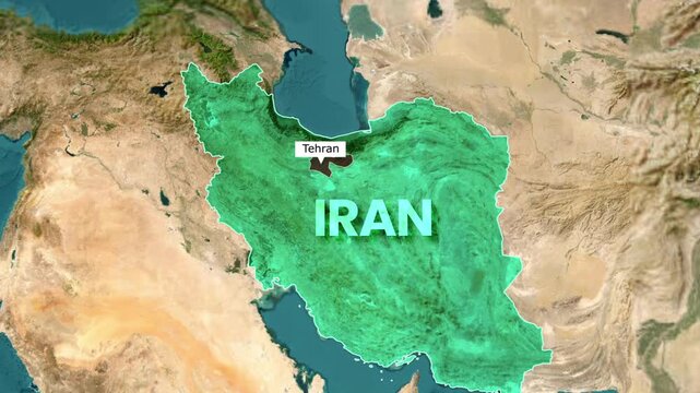Iran country map motion graphic with highlighted Tehran capital location marker