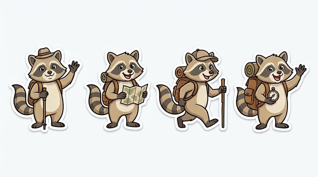 Raccoon hikers with backpacks and maps exploring.