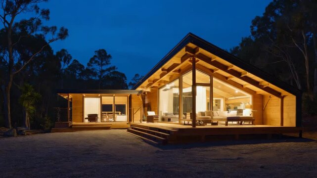 A contemporary wooden house with a glass front and roof deck illuminated in the evening.