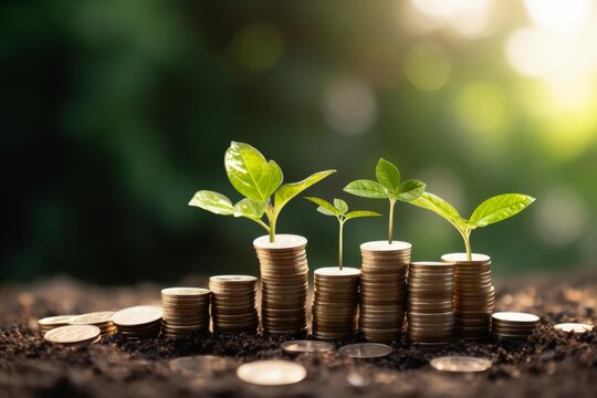 Green plant seedlings sprouting from increasing stacks of coins on rich soil