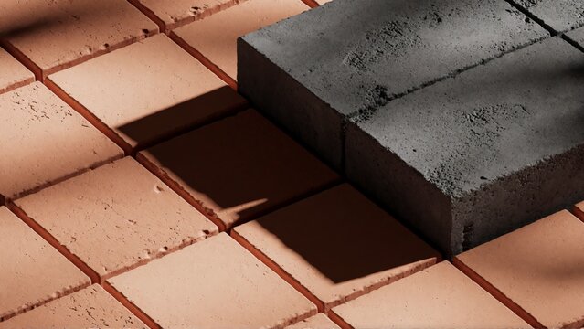 Concrete paving blocks on terracotta tiles for construction and landscaping design