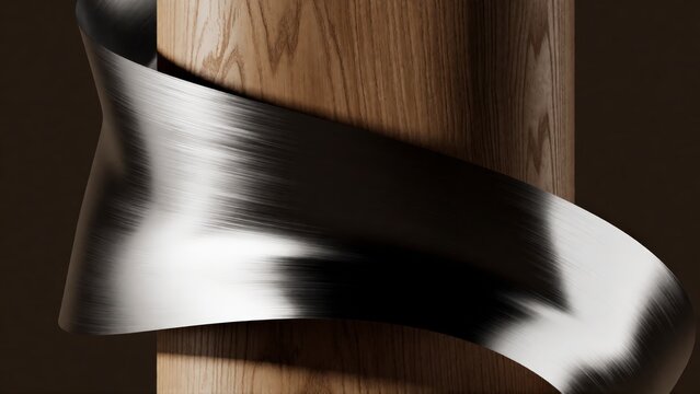 Abstract metallic ribbon wrapped around a wooden cylinder, modern industrial design concept.