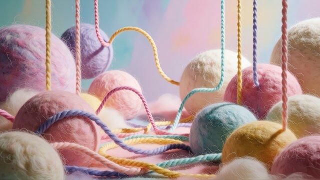 Pastel yarn balls with hanging threads in a soft whimsical craft background