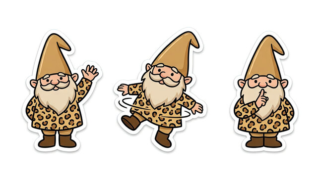 Three garden gnomes wearing leopard print hats.