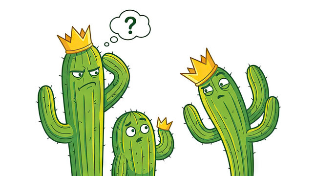 Three green cactus characters wearing gold crowns