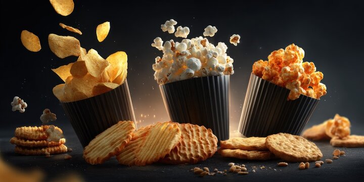 Variety of snacks in cups with falling chips popcorn and cookies on dark background
