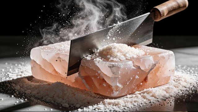 Cleaver cutting through a large block of Himalayan pink salt with flying salt crystals