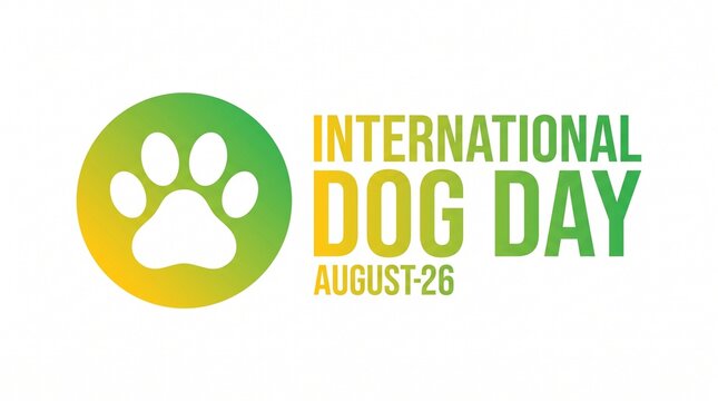 International Dog Day August 26 banner, green and yellow gradient paw print logo, pet holiday celebration graphic on white background