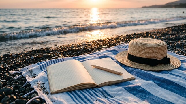 Summer beach vacation scene with open notebook and straw hat. Relaxing seaside sunset with journal on striped towel. Travel blogging and mindfulness concept.