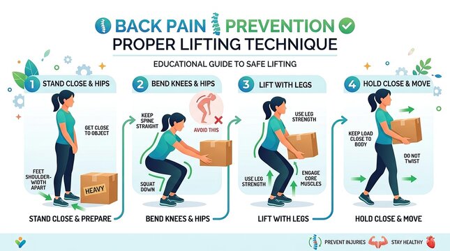 Back pain prevention infographic showing proper lifting technique for safe manual handling