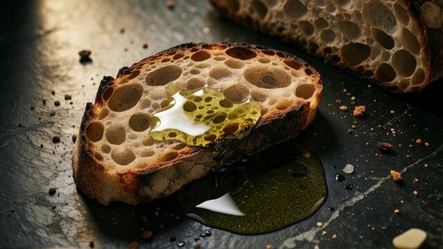 Sourdough bread slice with extra virgin olive oil on a dark rustic stone background