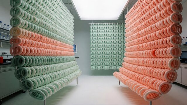 Abstract laboratory installation with hanging pastel rings in a modern research facility