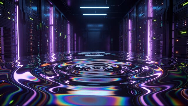 Futuristic data center server room with glowing purple neon lights and rippling water floor