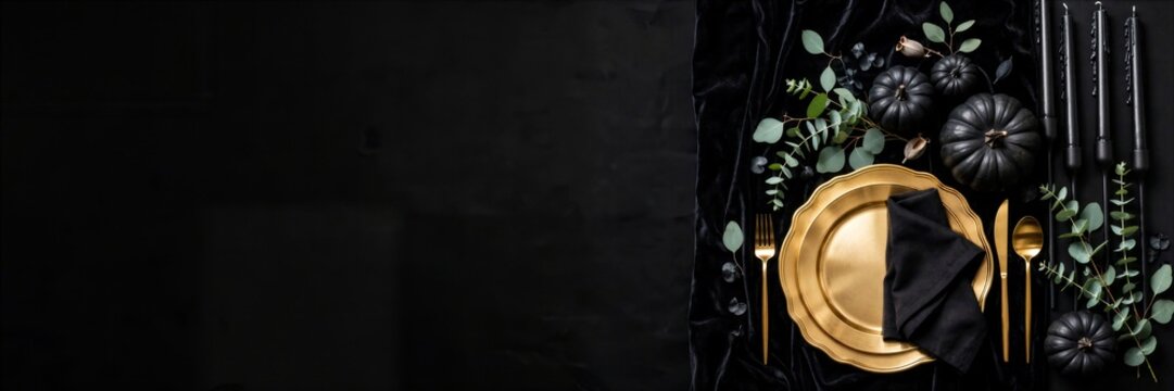 Halloween Black and Gold Table Setting with Pumpkins on Dark Banner