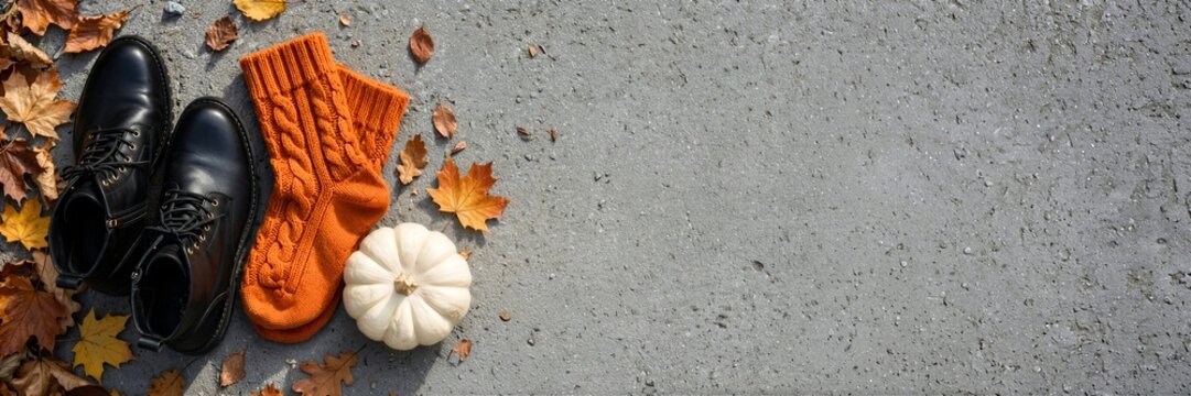 Halloween Black Shoes Sweater and Pumpkins on Concrete Banner