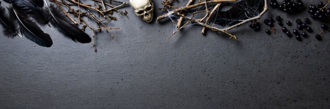 Halloween Black Witch Props and Berries on Dark Banner