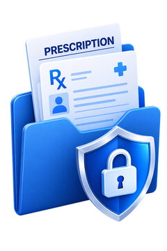 file folder with download icon, A detailed 3D rendering depicts a vibrant blue folder securely holding medical prescription documents and sensitive patient records, prominently featuring a protective 