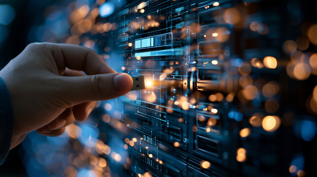 Hand plugging USB flash drive into server computer with loading progress bar on screen in bright data center data transfer and system update concept technology indoor with
