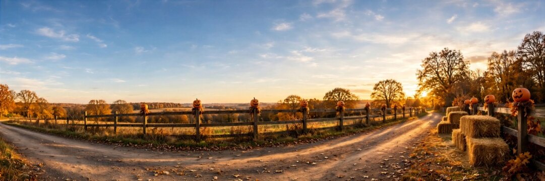 Halloween Country Road and Pumpkin Field at Sunset Banner