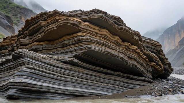 Layered sedimentary rock formation in a mountain landscape with natural geological strata.