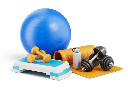 Fitness ball, dumbbells weights, fitness step board, Exercise mat and water bottle - Fitness, gym concept 