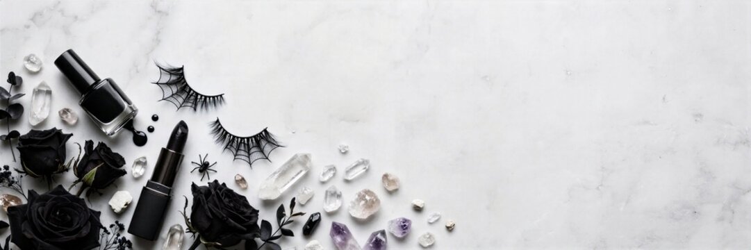 Halloween Halloween Makeup and Bat Decorations on Marble Banner