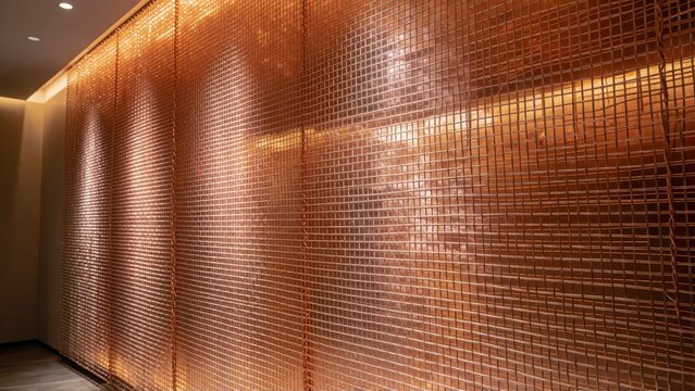 Modern copper metal chain curtain wall with warm LED lighting for luxury interior design