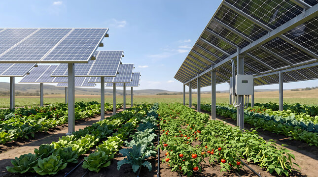 Farmer tilling vegetable crops under elevated solar panels photo, agrivoltaic farming with solar energy inverter and educational system sign, and sustainable agricultural land use. High quality stock 