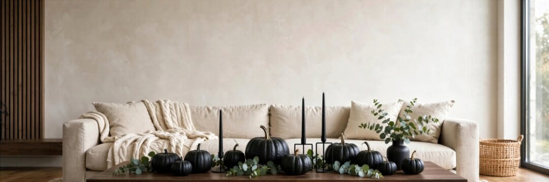 Halloween Modern Sofa with Black Halloween Decor and Pumpkins Banner