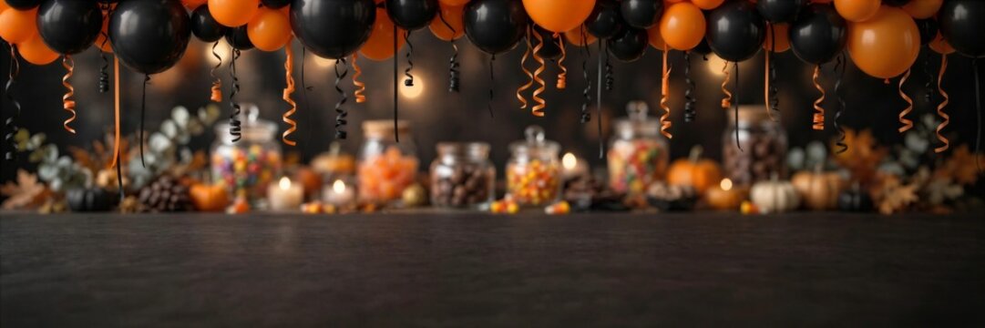 Halloween Orange and Black Balloon Party Lights on Dark Banner