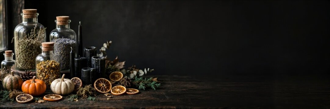 Halloween Potion Bottles Pumpkins and Dried Oranges on Dark Banner