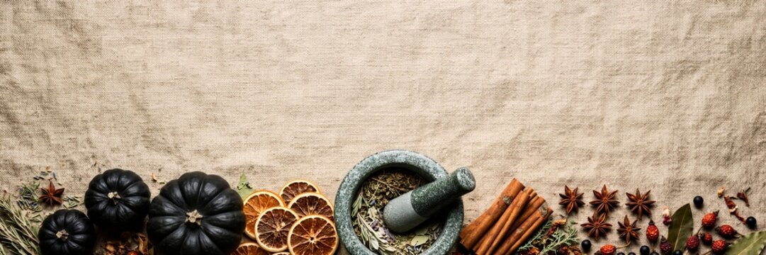 Halloween Spices Black Fruit and Dried Orange Border on Burlap Banner