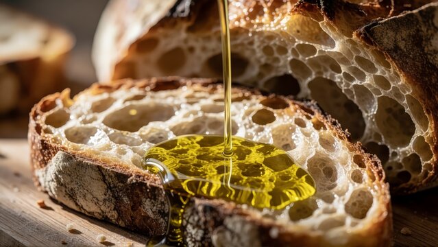 Extra virgin olive oil pouring over a slice of fresh rustic sourdough bread