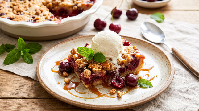 A delicious slice of cherry crumble pie topped with a scoop of vanilla ice cream and fresh mint leaves, served on a plate with a drizzle of caramel sauce