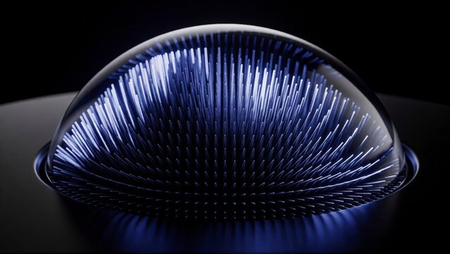 Abstract glass dome with glowing blue fiber optic light rays on a dark background.