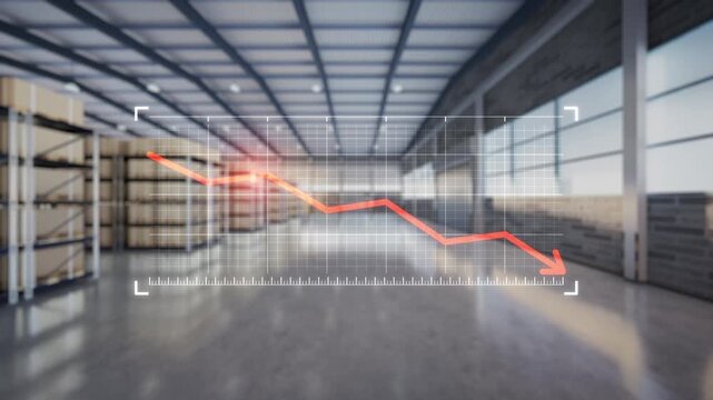 Industrial warehouse footage featuring declining financial graph overlay, falling arrow, business loss, economic downturn, market decline, reduced production, logistics slowdown, supply chain crisis.