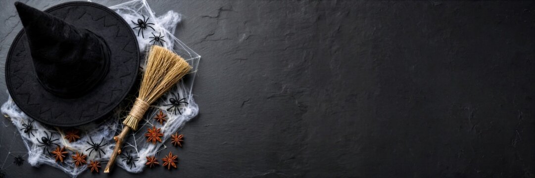 Halloween Witch Hat and Broom on Dark Slate Banner