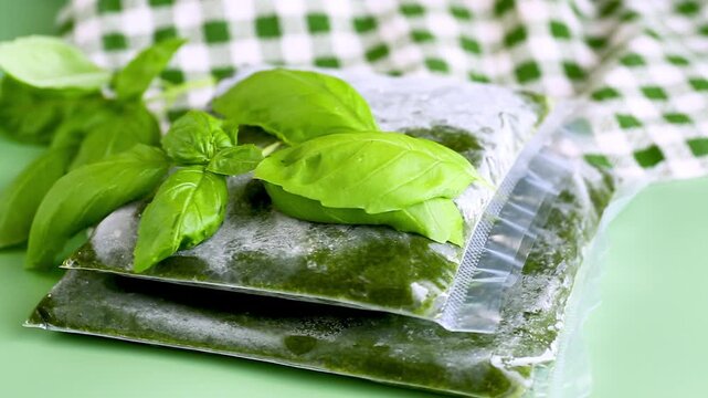 Fresh basil leaves surrounding frozen herbs in sealed vacuum bags